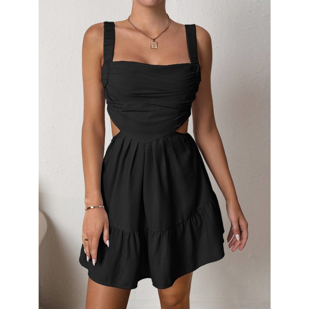Open back Ruched Cut Out Ruffle Hem Cami Dress black - Picture 3 of 6